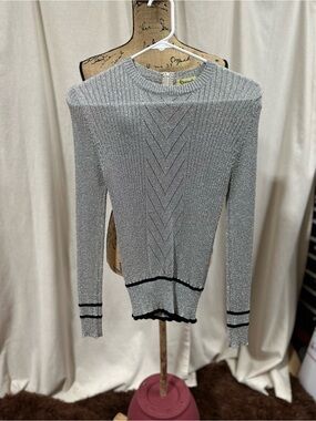Vintage 70’s Metallic Silver Ribbed Crewneck Sweater with Black Trim